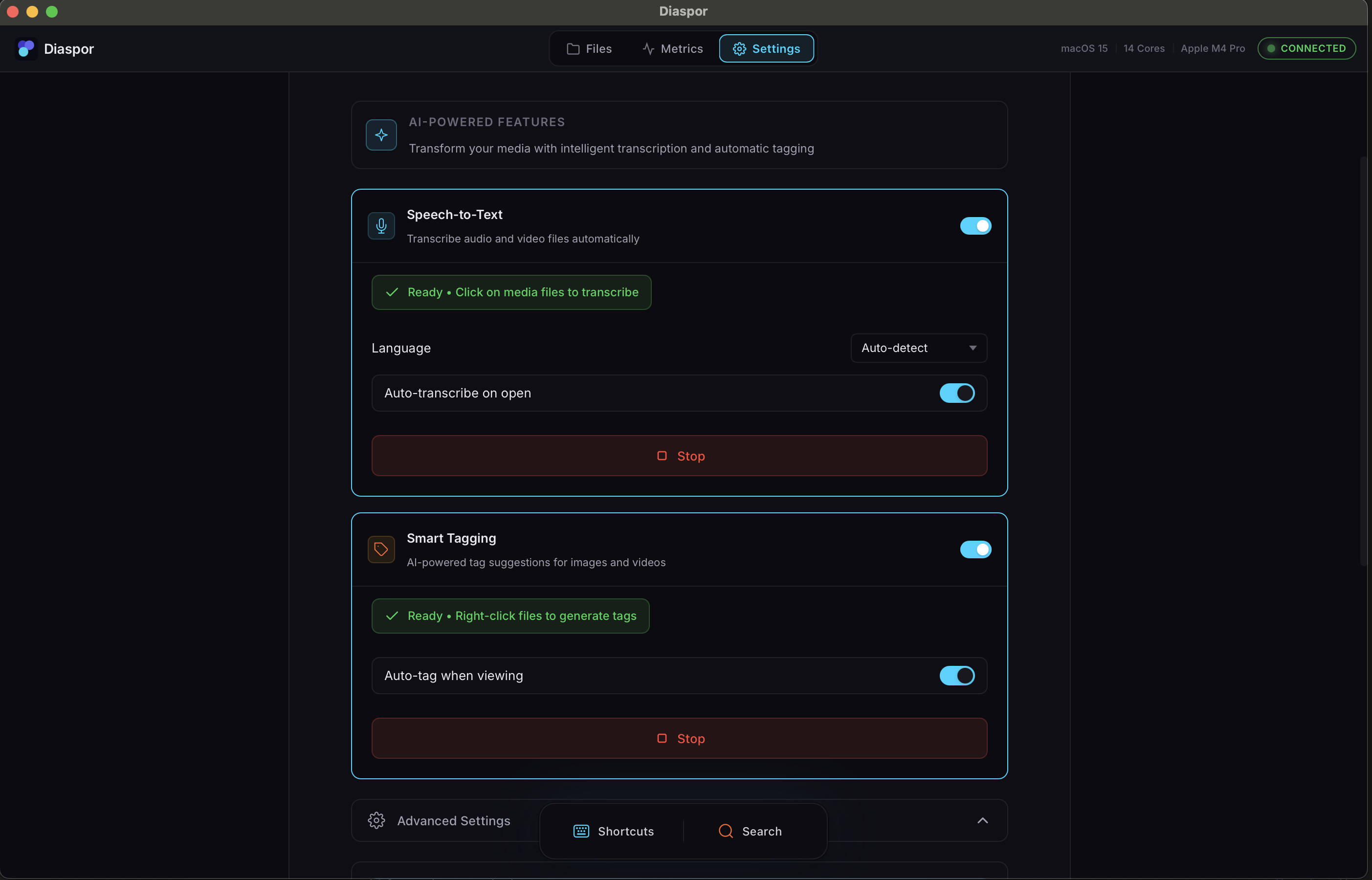 Diaspor Desktop · Settings with AI-Powered Features: Speech-to-Text (auto-transcribe on open, language auto-detect), Smart Tagging (auto-tag when viewing). All on-device, no cloud APIs.
